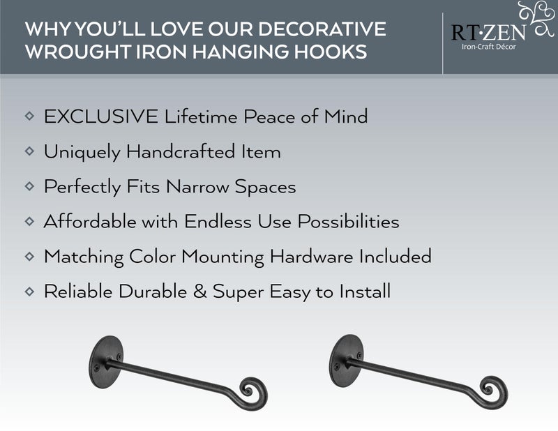 RTZEN Plant Hangers Indoor or Outdoor - Wrought Iron Metal Hanger Indoor Hook - Heavy Duty Wall Bracket Hooks for Hanging Plants Baskets Lanterns Wind Chimes - 2 Pack (Black Swirl Hooks) - Image 2